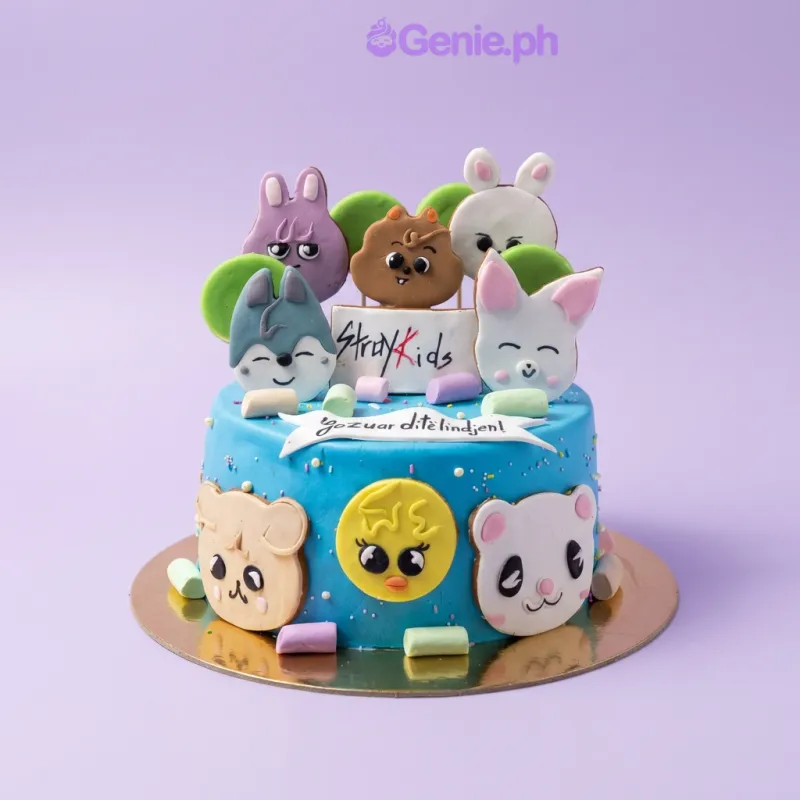 One tier blue cake with SKZOO character cutouts, Stray Kids logo, birthday banner, white marshmallows, and red sprinkles One tier blue cake with SKZOO character cutouts, Stray Kids logo, birthday banner, white marshmallows, and red sprinkles