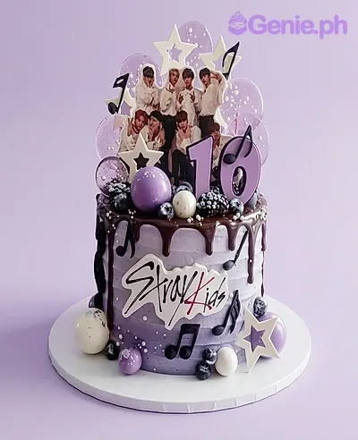 Purple 1-tier birthday cake with Stray Kids photo topper and musical note decorations Purple 1-tier birthday cake with Stray Kids photo topper and musical note decorations