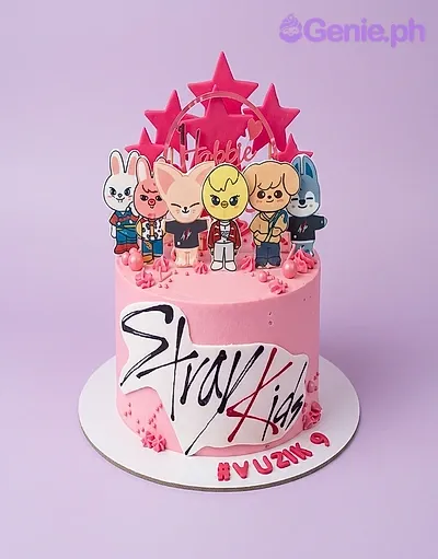 Stray Kids cake design — 1 layer soft icing cake in pink — with Stray Kids character printouts, pink star topper, Happy Birthday printout, and Stray Kids logo printout Stray Kids cake design — 1 layer soft icing cake in pink — with Stray Kids character printouts, pink star topper, Happy Birthday printout, and Stray Kids logo printout