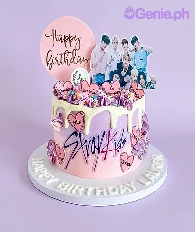 Purple and pink gradient cake with Stray Kids group photo and Happy Birthday toppers Purple and pink gradient cake with Stray Kids group photo and Happy Birthday toppers