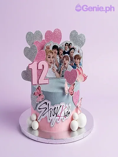Silver 1-tier cake with Stray Kids group photo, number 12, glitter hearts, butterflies, Stray Kids logo, and white balls Silver 1-tier cake with Stray Kids group photo, number 12, glitter hearts, butterflies, Stray Kids logo, and white balls