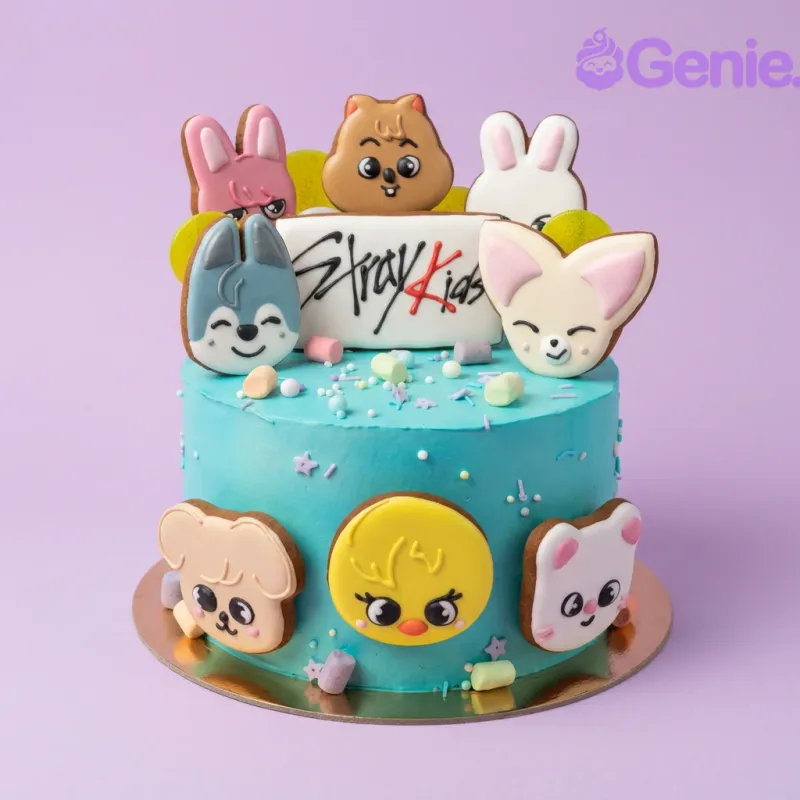 Light blue 1-tier cake with Stray Kids logo and character cutouts Light blue 1-tier cake with Stray Kids logo and character cutouts