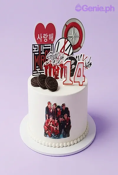 White 1-tier cake with Stray Kids photo, heart, compass printouts, number 14 candle, Oreo cookies, and butterfly decorations White 1-tier cake with Stray Kids photo, heart, compass printouts, number 14 candle, Oreo cookies, and butterfly decorations