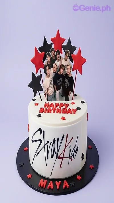 White 1-tier birthday cake with Stray Kids group photo topper and red Happy Birthday message White 1-tier birthday cake with Stray Kids group photo topper and red Happy Birthday message
