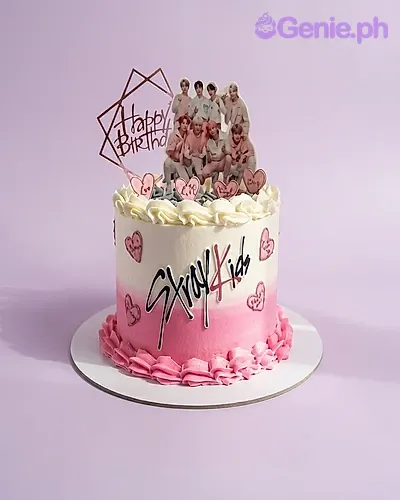 White one tier cake with Stray Kids members printout, gold Happy Birthday topper, Stray Kids logo, and piped pink hearts and border White one tier cake with Stray Kids members printout, gold Happy Birthday topper, Stray Kids logo, and piped pink hearts and border