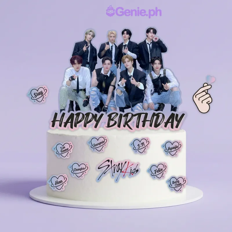 White 1-tier cake with Stray Kids group photo, Happy Birthday banner, logo, hand heart, Stay heart, and eight member name hearts White 1-tier cake with Stray Kids group photo, Happy Birthday banner, logo, hand heart, Stay heart, and eight member name hearts