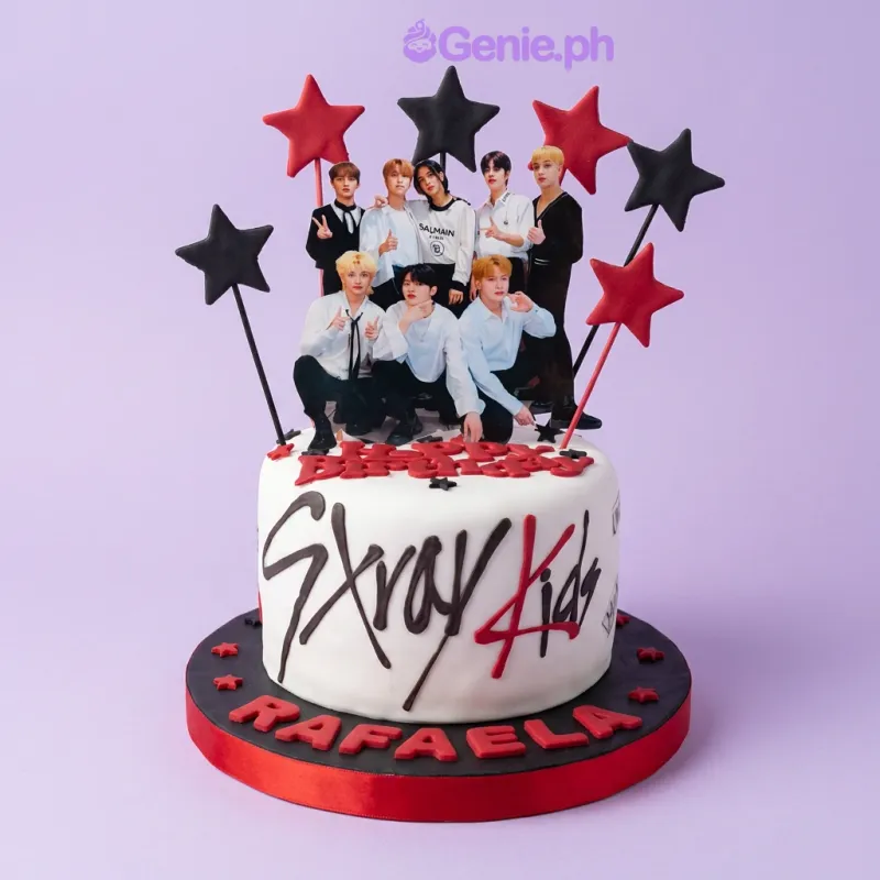 White 1-tier fondant cake with Stray Kids photo printout topper and red and black star cardstock toppers White 1-tier fondant cake with Stray Kids photo printout topper and red and black star cardstock toppers