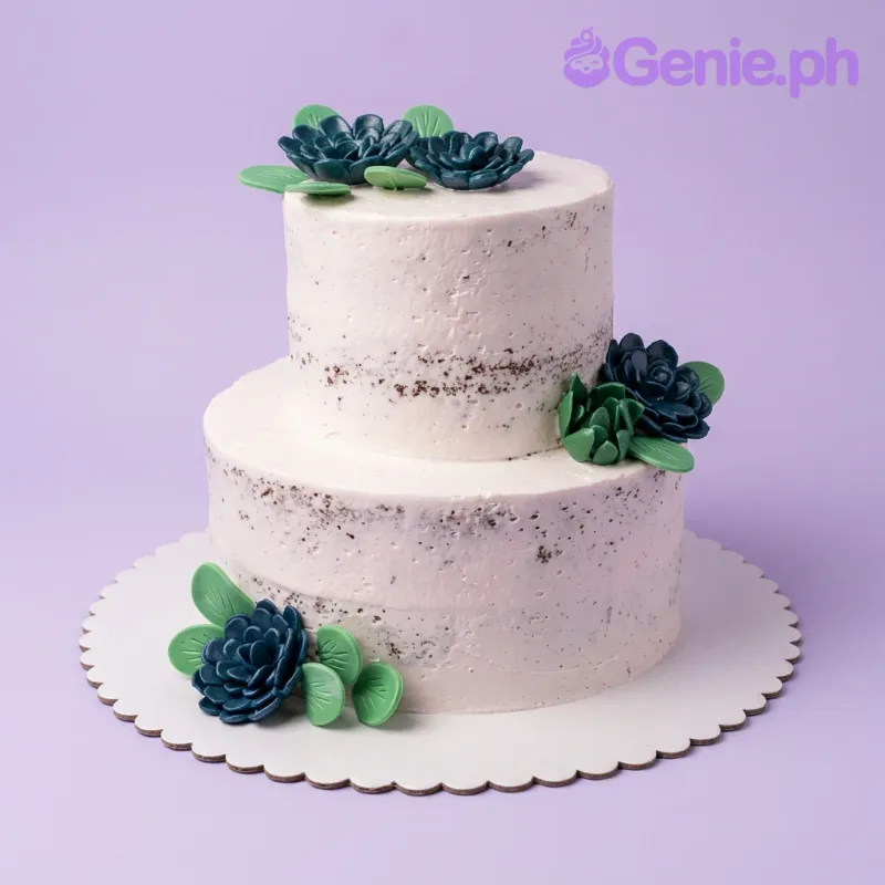 A white, dark, blue, and green two-tier cake themed Succulent Floral, featuring succulent flowers and gumpaste leaves. A white, dark, blue, and green two-tier cake themed Succulent Floral, featuring succulent flowers and gumpaste leaves.