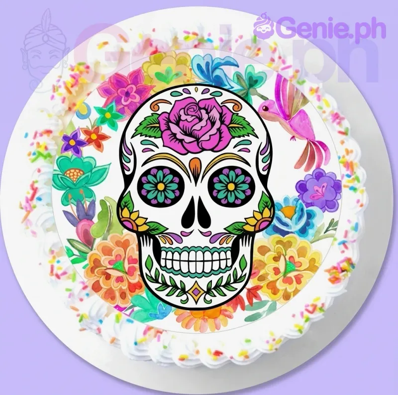 Bento cake with a colorful sugar skull printout and rainbow sprinkles on white icing. Bento cake with a colorful sugar skull printout and rainbow sprinkles on white icing.