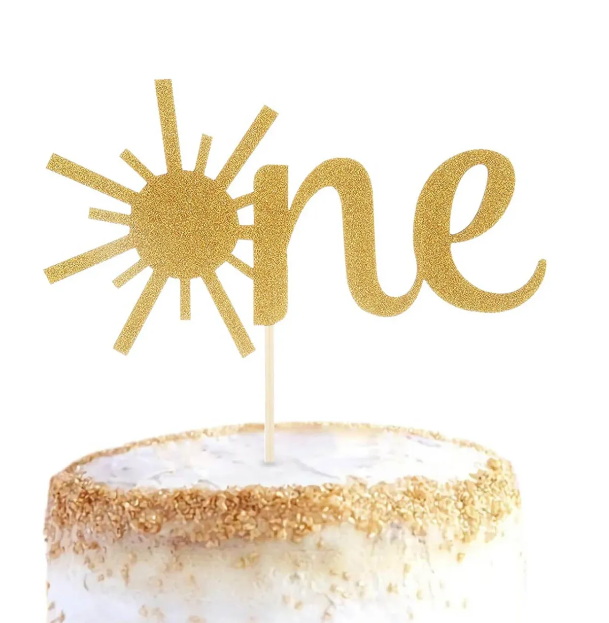 A white and gold 1-tier cake themed around Sun First Birthday, featuring a gold glitter 'one' sun topper and a gold sprinkle border. A white and gold 1-tier cake themed around Sun First Birthday, featuring a gold glitter 'one' sun topper and a gold sprinkle border.