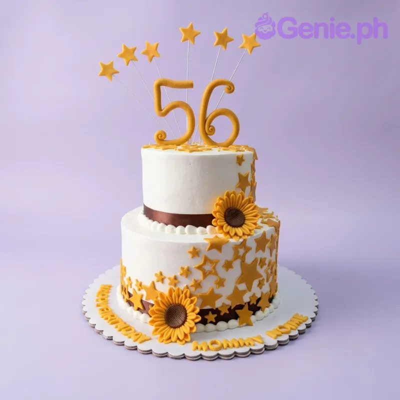 A white, yellow, gold, and brown two-tier cake themed around Sunflower Birthday, featuring a large gold number 56 topper, yellow sunflowers, and gold stars. A white, yellow, gold, and brown two-tier cake themed around Sunflower Birthday, featuring a large gold number 56 topper, yellow sunflowers, and gold stars.