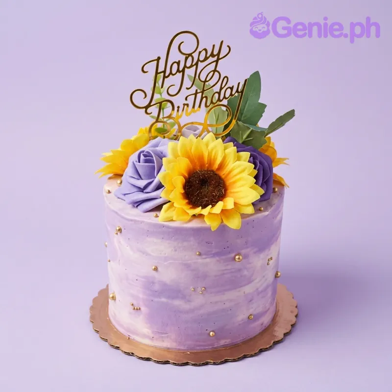 A purple 1-tier cake featuring sunflowers, lavender roses, and a gold 'Happy Birthday' topper. A purple 1-tier cake featuring sunflowers, lavender roses, and a gold 'Happy Birthday' topper.