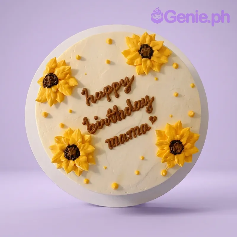 A white 1 Tier cake themed Sunflower Mama, featuring four yellow piped icing sunflowers, yellow dots, and brown text. A white 1 Tier cake themed Sunflower Mama, featuring four yellow piped icing sunflowers, yellow dots, and brown text.