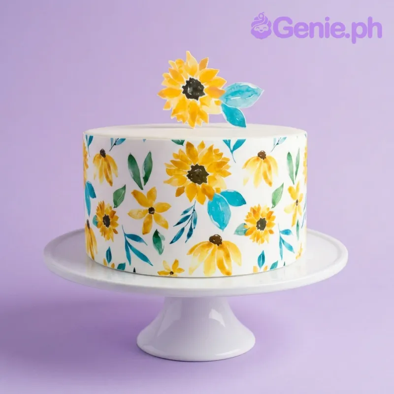 A white 1-tier round cake themed Sunflower Watercolor, featuring a sunflower topper and watercolor sunflower and teal leaf patterns. A white 1-tier round cake themed Sunflower Watercolor, featuring a sunflower topper and watercolor sunflower and teal leaf patterns.