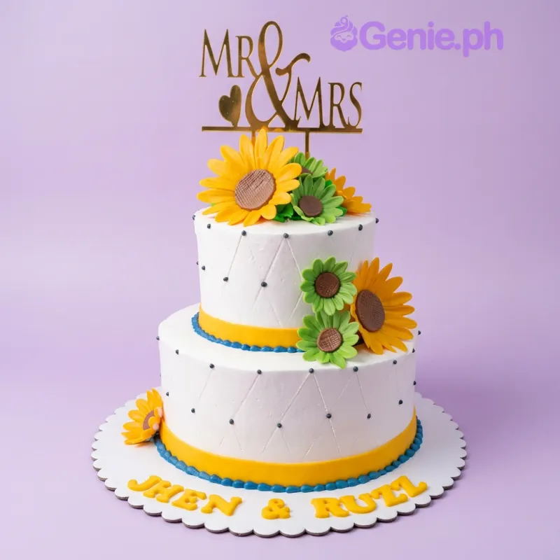 A white two-tier cake themed around a Sunflower Wedding, featuring a gold Mr & Mrs topper, yellow and green sunflowers, and blue borders. A white two-tier cake themed around a Sunflower Wedding, featuring a gold Mr & Mrs topper, yellow and green sunflowers, and blue borders.