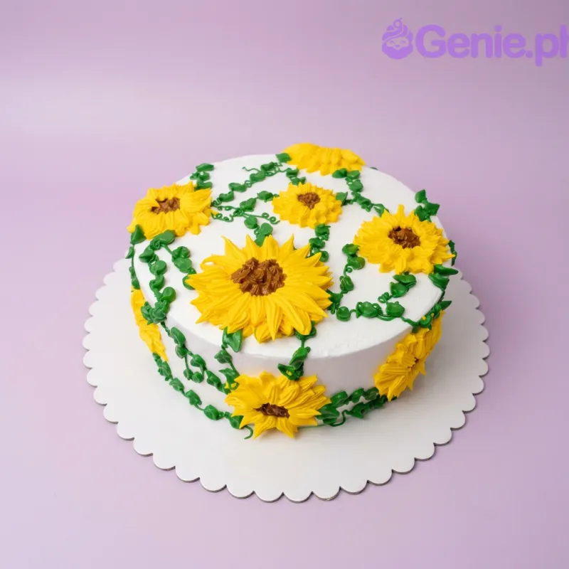A white, yellow, and green 1-tier cake themed around Sunflower, featuring piped yellow sunflowers and green vines. A white, yellow, and green 1-tier cake themed around Sunflower, featuring piped yellow sunflowers and green vines.