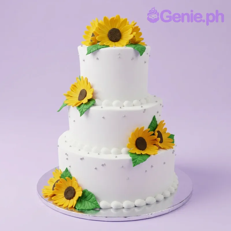 A white three-tier cake themed around Sunflowers, featuring yellow sunflowers and green leaves, accented with silver dragees. A white three-tier cake themed around Sunflowers, featuring yellow sunflowers and green leaves, accented with silver dragees.