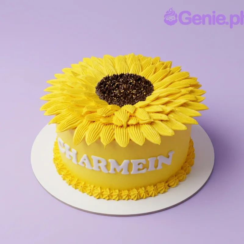 A yellow single-tier cake themed around Sunflower, featuring an intricate yellow icing sunflower and a dark brown center with gold sprinkles. A yellow single-tier cake themed around Sunflower, featuring an intricate yellow icing sunflower and a dark brown center with gold sprinkles.