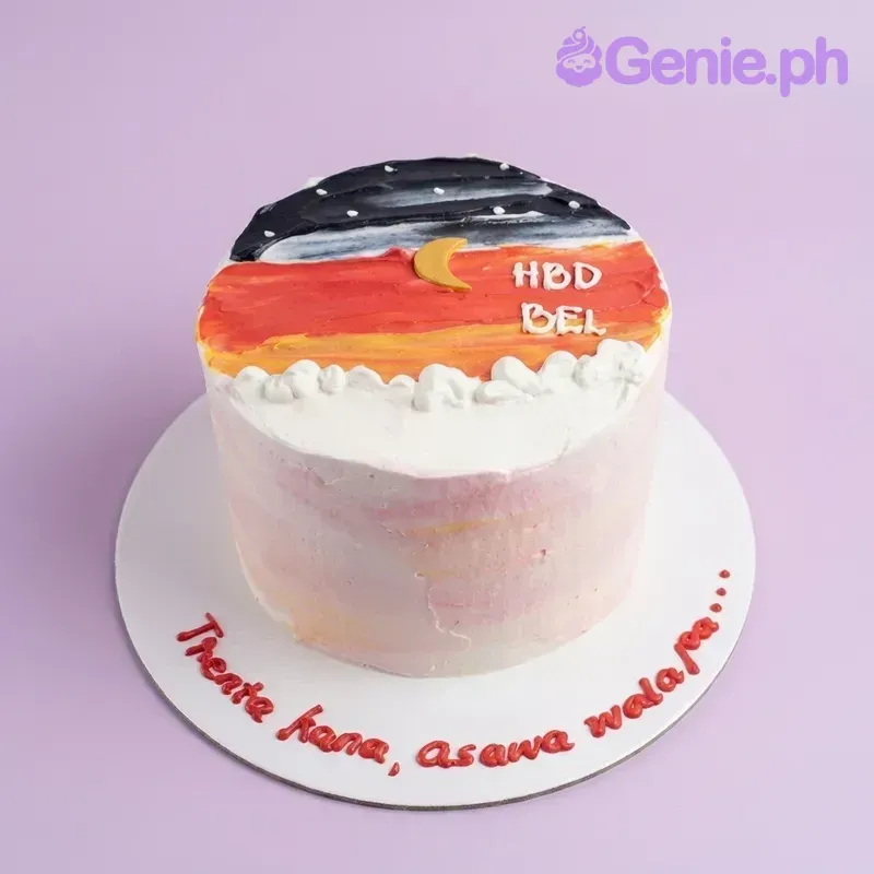 A multicolored 1-tier cake themed around Sunset Night Sky, featuring a yellow crescent moon, white icing clouds, and star sprinkles. A multicolored 1-tier cake themed around Sunset Night Sky, featuring a yellow crescent moon, white icing clouds, and star sprinkles.