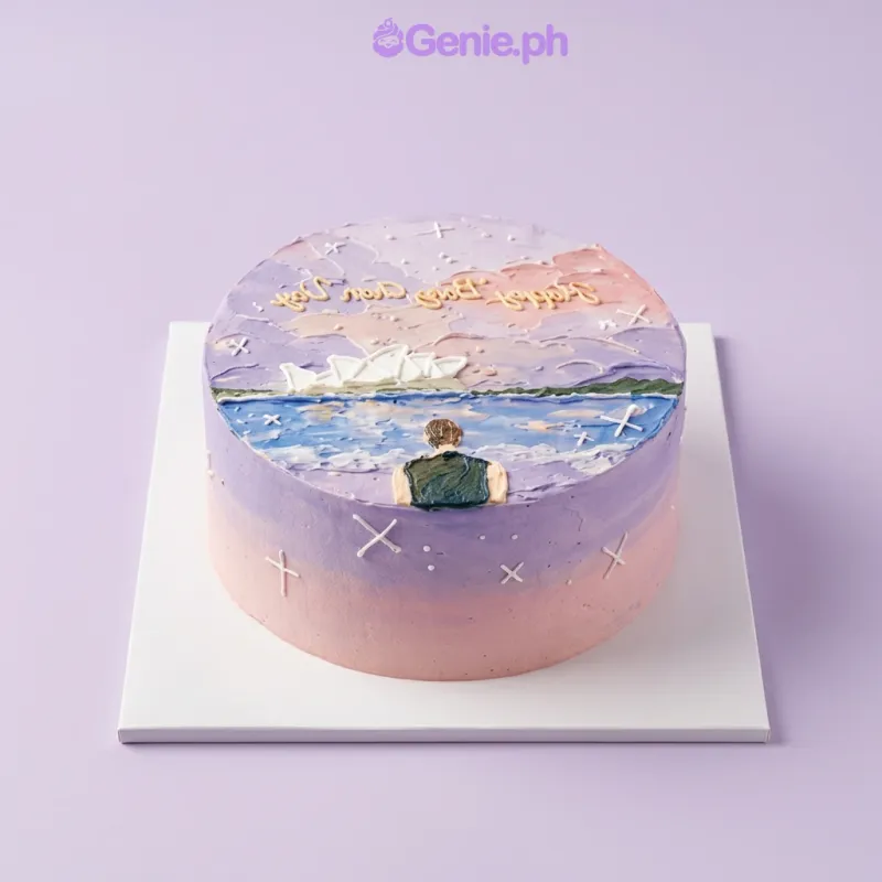 Gradient purple and peach round cake with a painted sunset seascape scene and Happy Birthday message Gradient purple and peach round cake with a painted sunset seascape scene and Happy Birthday message