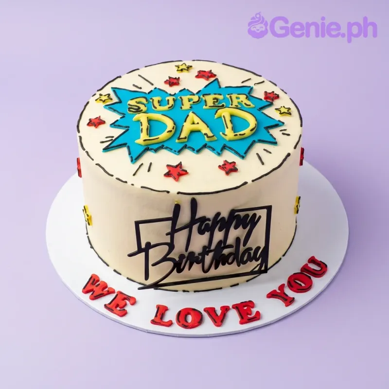 Comic book style Super Dad birthday cake with yellow icing, blue explosion topper, and red stars. Comic book style Super Dad birthday cake with yellow icing, blue explosion topper, and red stars.