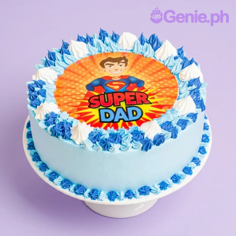 Light blue single tier cake with a Super Dad printout topper and blue and white icing rosettes Light blue single tier cake with a Super Dad printout topper and blue and white icing rosettes