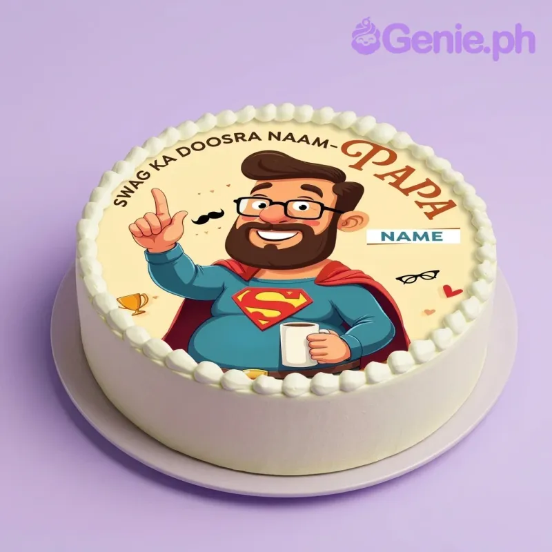 White round cake with a large printout of a cartoon dad dressed as Superman holding a coffee mug, featuring a decorative icing border. White round cake with a large printout of a cartoon dad dressed as Superman holding a coffee mug, featuring a decorative icing border.