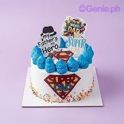 White single-tier cake with Super Dad and mustache printout toppers for Father's Day White single-tier cake with Super Dad and mustache printout toppers for Father's Day