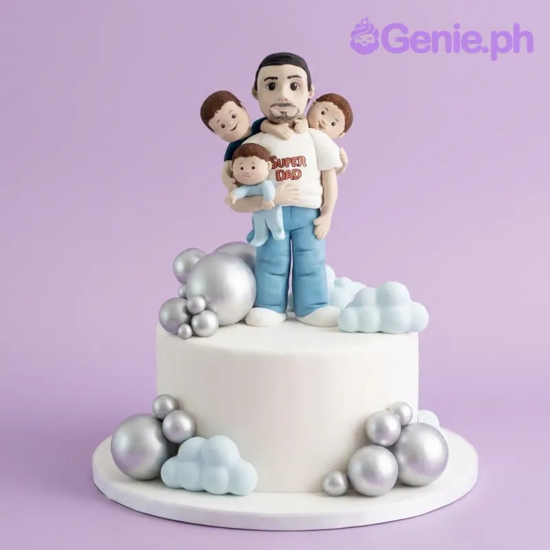 White fondant cake with a 3D gumpaste figure of a dad holding three children and silver decorative balls White fondant cake with a 3D gumpaste figure of a dad holding three children and silver decorative balls