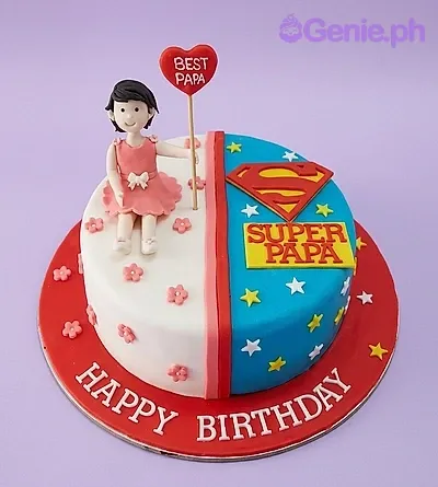 superhero dad 1 Tier - white, blue, pink theme with edible 3D figurine of a girl and small edible 2D pink flowers superhero dad 1 Tier - white, blue, pink theme with edible 3D figurine of a girl and small edible 2D pink flowers