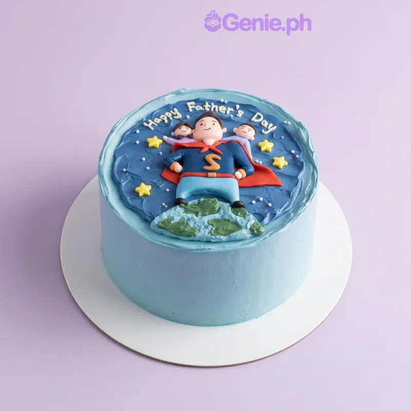 Light blue 1-tier cake with a fondant superhero dad carrying two children on his back and yellow star accents Light blue 1-tier cake with a fondant superhero dad carrying two children on his back and yellow star accents