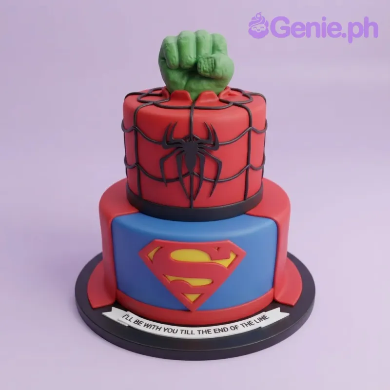 Red and blue 2-tier fondant superhero cake with Hulk fist, Spider-Man web details, and Superman logo Red and blue 2-tier fondant superhero cake with Hulk fist, Spider-Man web details, and Superman logo
