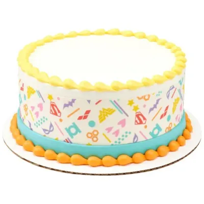 A white 1-tier round Superhero cake with a colorful logo wrap, yellow top border, and orange base border. A white 1-tier round Superhero cake with a colorful logo wrap, yellow top border, and orange base border.