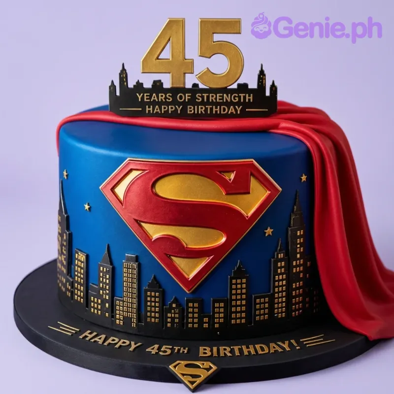A blue 1 Tier Fondant cake themed around Superman, featuring a gold 45, Superman emblem, and red cape. A blue 1 Tier Fondant cake themed around Superman, featuring a gold 45, Superman emblem, and red cape.