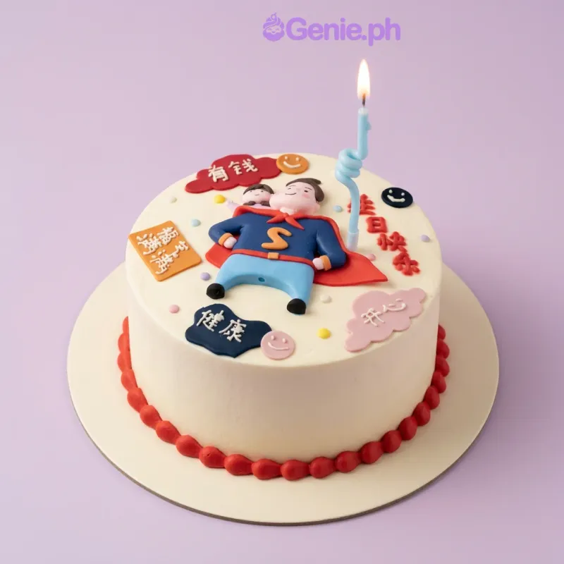 White single-tier cake with Superman character topper and colorful cloud panels White single-tier cake with Superman character topper and colorful cloud panels