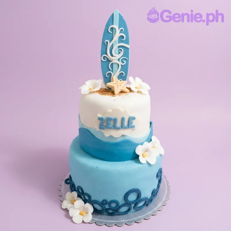 Two-tier blue and white surfing themed cake with a surfboard topper, white flowers, and a starfish. Two-tier blue and white surfing themed cake with a surfboard topper, white flowers, and a starfish.