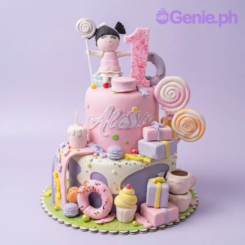 Two-tier pink and purple fondant cake decorated with edible 3D sweets, donuts, lollipops, and a girl figurine for a first birthday. Two-tier pink and purple fondant cake decorated with edible 3D sweets, donuts, lollipops, and a girl figurine for a first birthday.