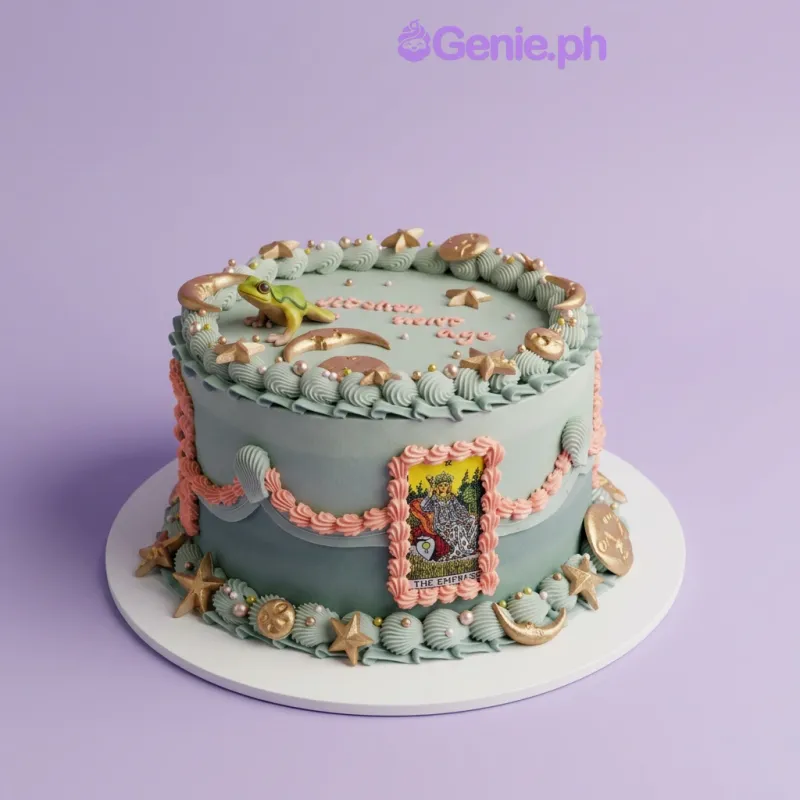 Tarot Cake cake design — 1 layer soft icing cake in light blue — with frog figurine, tarot card printout, molded moons and stars, molded shells, and custom "The Empress" message Tarot Cake cake design — 1 layer soft icing cake in light blue — with frog figurine, tarot card printout, molded moons and stars, molded shells, and custom "The Empress" message
