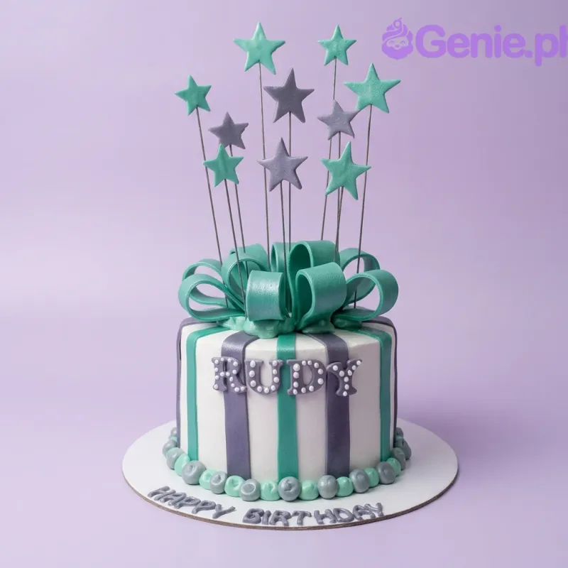 A teal and gray 1-tier fondant cake with vertical stripes, featuring a large teal bow and teal and gray stars on wires. A teal and gray 1-tier fondant cake with vertical stripes, featuring a large teal bow and teal and gray stars on wires.