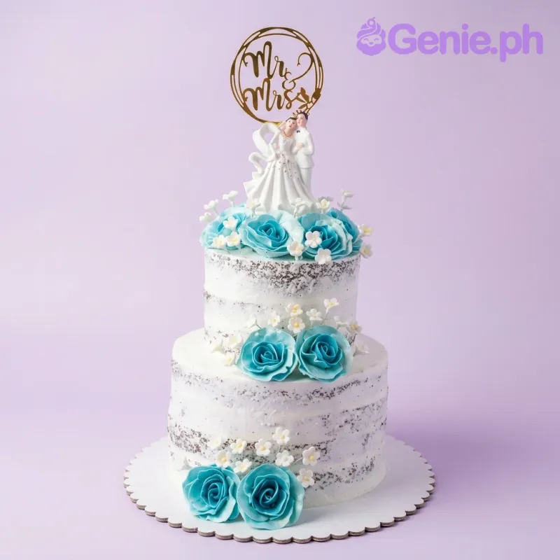 A white and teal 2 Tier cake themed around Teal Wedding, featuring a gold Mr & Mrs topper and bride and groom figurine, accented with teal icing roses. A white and teal 2 Tier cake themed around Teal Wedding, featuring a gold Mr & Mrs topper and bride and groom figurine, accented with teal icing roses.