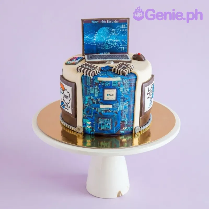 Ivory single-tier fondant cake with smooth icing, a laptop printout topper, and a blue circuit board side panel Ivory single-tier fondant cake with smooth icing, a laptop printout topper, and a blue circuit board side panel