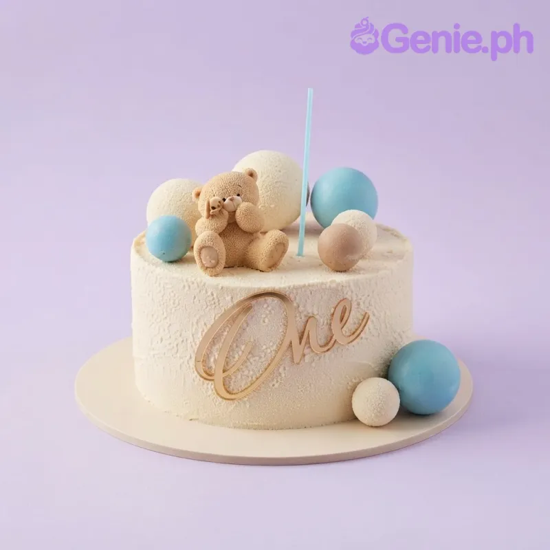Ivory single tier cake with smooth soft icing, Teddy Bear First Birthday theme, and a sitting teddy bear topper Ivory single tier cake with smooth soft icing, Teddy Bear First Birthday theme, and a sitting teddy bear topper