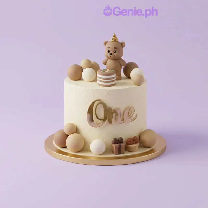 Ivory 1-tier birthday cake with a teddy bear topper and gold One sign Ivory 1-tier birthday cake with a teddy bear topper and gold One sign