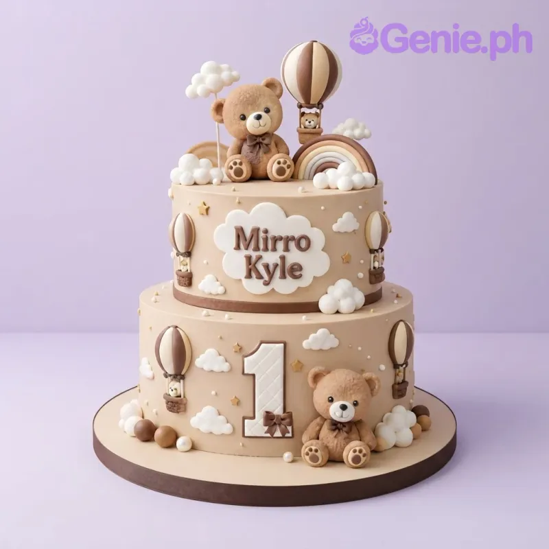 Beige 2-tier fondant cake with a teddy bear topper, hot air balloons, clouds, and brown ribbon borders Beige 2-tier fondant cake with a teddy bear topper, hot air balloons, clouds, and brown ribbon borders