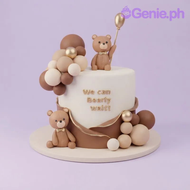 White fondant cake with two teddy bear figurines, brown fondant spheres, and a brown fondant side wrap with gold trim White fondant cake with two teddy bear figurines, brown fondant spheres, and a brown fondant side wrap with gold trim