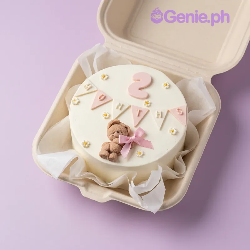 White bento cake with a teddy bear topper, pink bunting flags, and small daisy flowers in a clamshell container White bento cake with a teddy bear topper, pink bunting flags, and small daisy flowers in a clamshell container