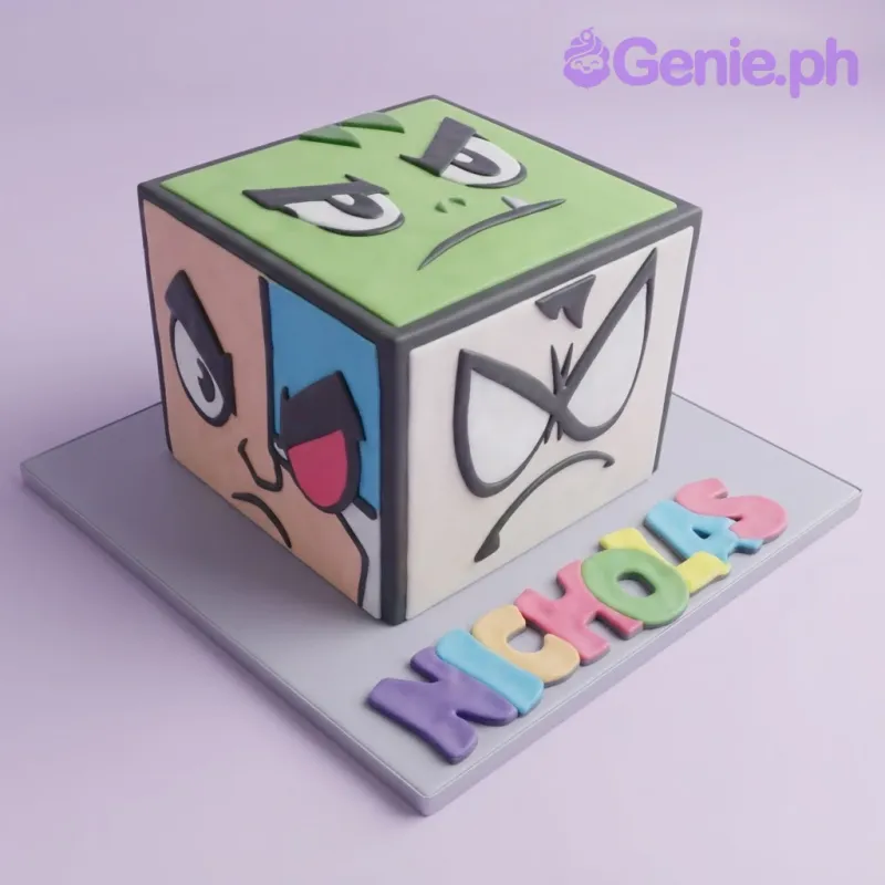 Light green and ivory square fondant Teen Titans cake with character face artwork and colorful name letters Light green and ivory square fondant Teen Titans cake with character face artwork and colorful name letters