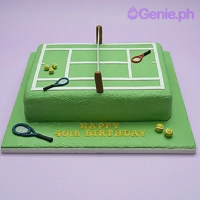 A green rectangle fondant cake themed around Tennis, featuring a net, rackets, and tennis balls. A green rectangle fondant cake themed around Tennis, featuring a net, rackets, and tennis balls.