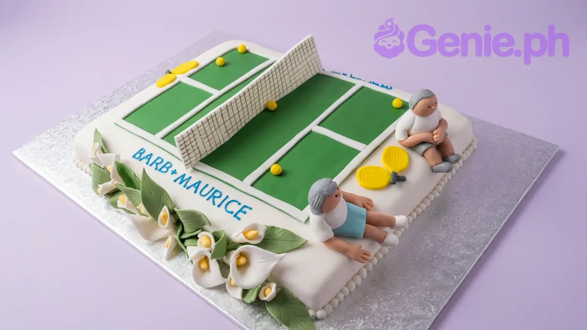 A white and green Rectangle Fondant cake themed around a Tennis Court, featuring fondant tennis players, rackets, and a net, with yellow tennis balls and white calla lilies. A white and green Rectangle Fondant cake themed around a Tennis Court, featuring fondant tennis players, rackets, and a net, with yellow tennis balls and white calla lilies.