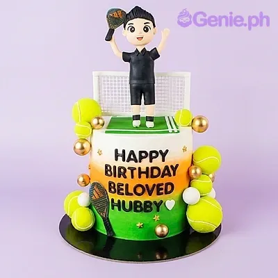 White and green gradient birthday cake with a tennis player figurine and tennis ball decorations White and green gradient birthday cake with a tennis player figurine and tennis ball decorations